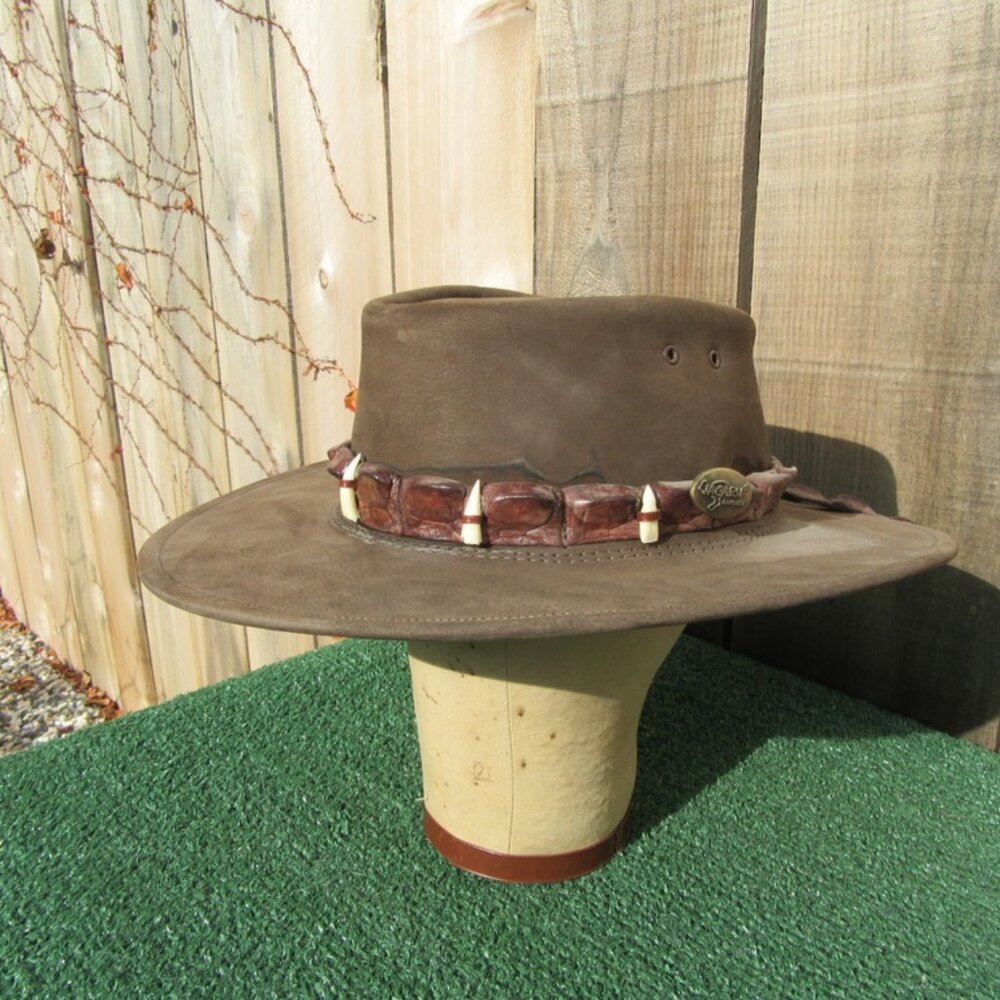 Jacaru Australia Traditional Oil Leather Crocodile Teeth Hat Size Large Dundee